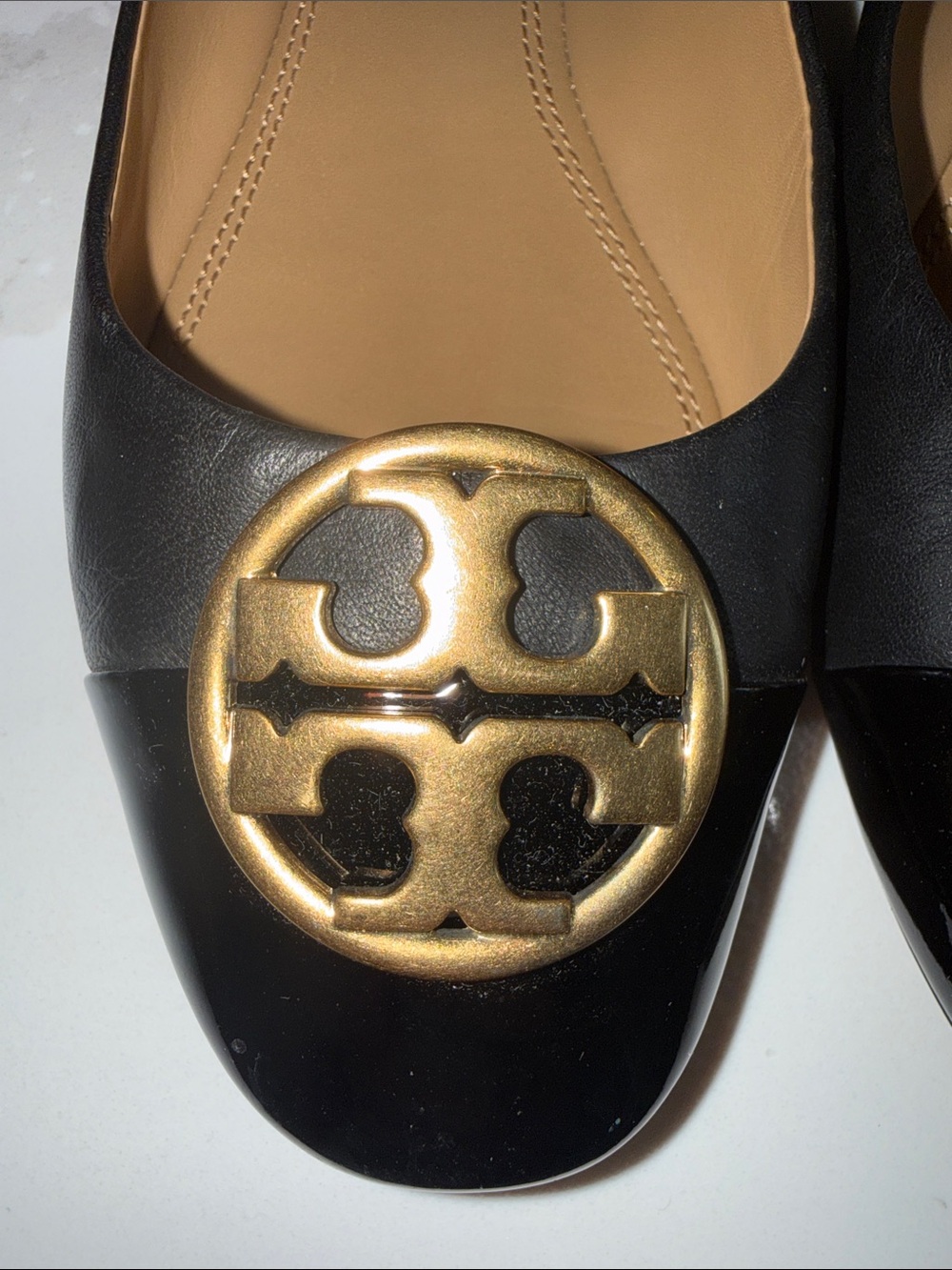 Tory Burch Black Patent Leather Flats with Gold Logo Medallions - Picture 6 of 7
